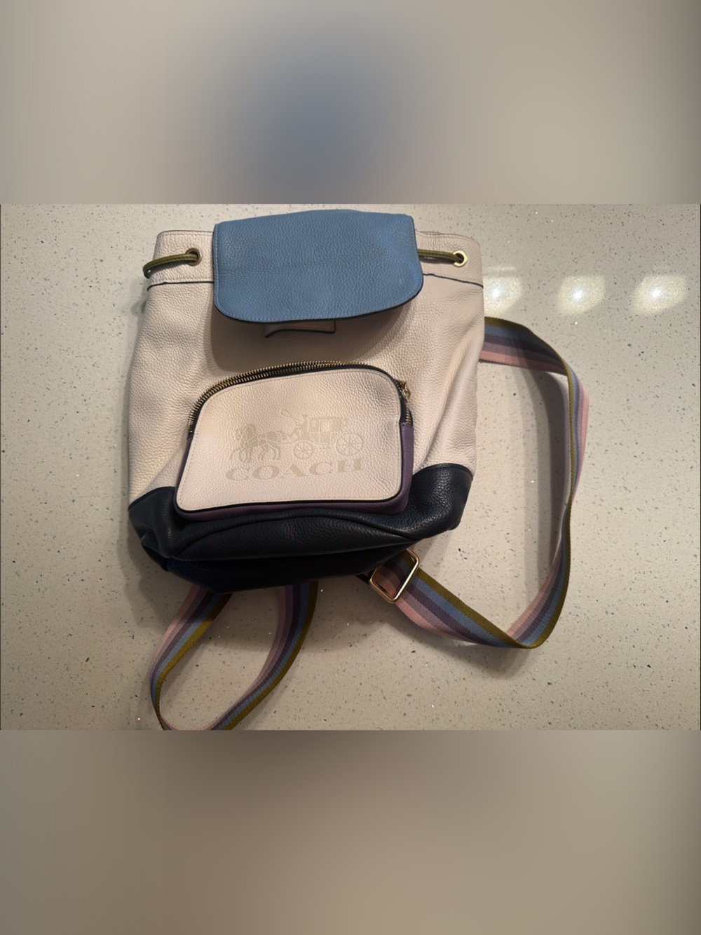 Coach Cream and Blue Colorblock Pebbled Leather Backpack with Striped Straps